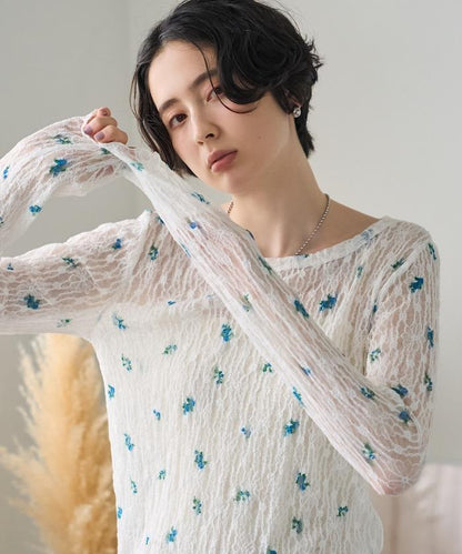 彈力蕾絲 花卉印花 針織衫