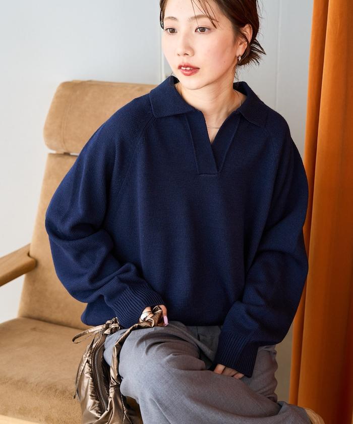 翻領 寬鬆 針織 套頭衫