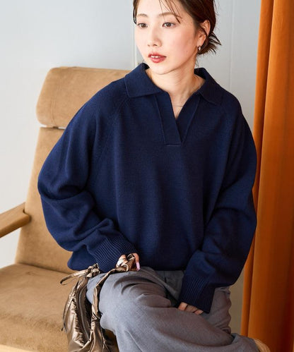 翻領 寬鬆 針織 套頭衫