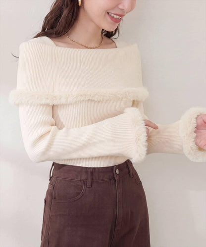 ふわふわファーオフショル風ニット