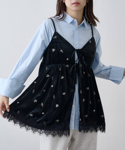 天鵝絨小碎花刺繡前開襟吊帶