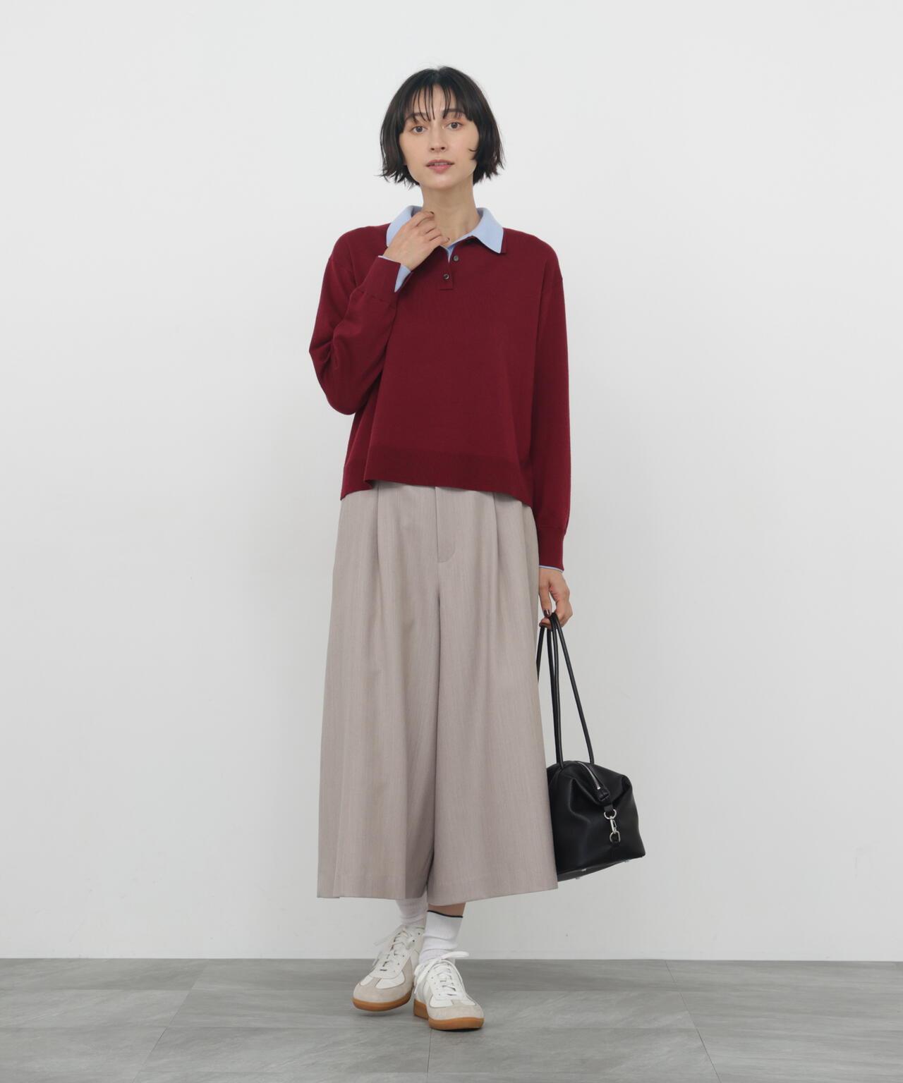 《レイヤード / 洗える》配色ダブル襟 ポロニットプルオーバー