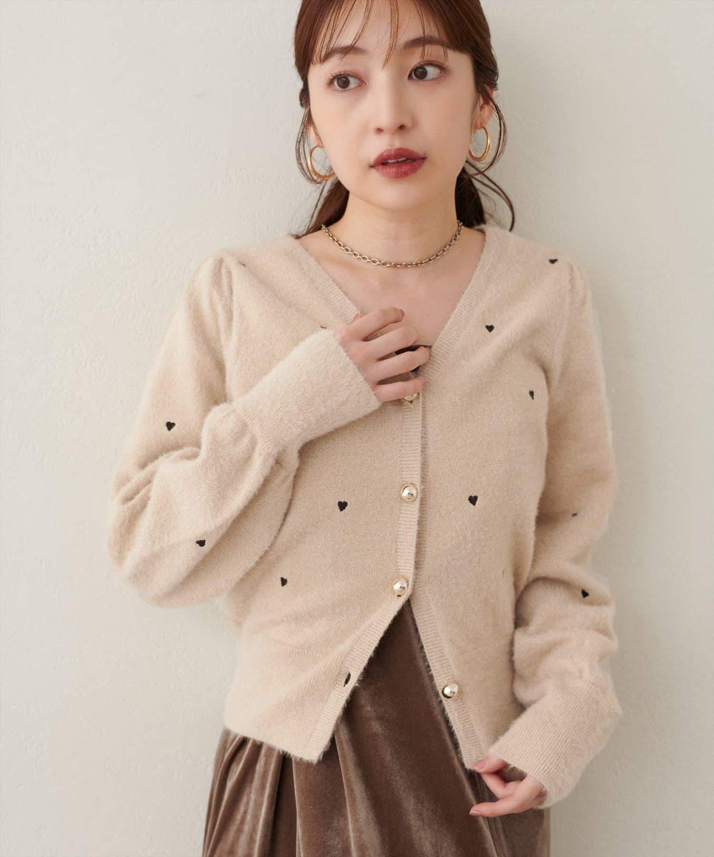 〈mizu〉ミニシャギーハート刺繍ニットカーディガン