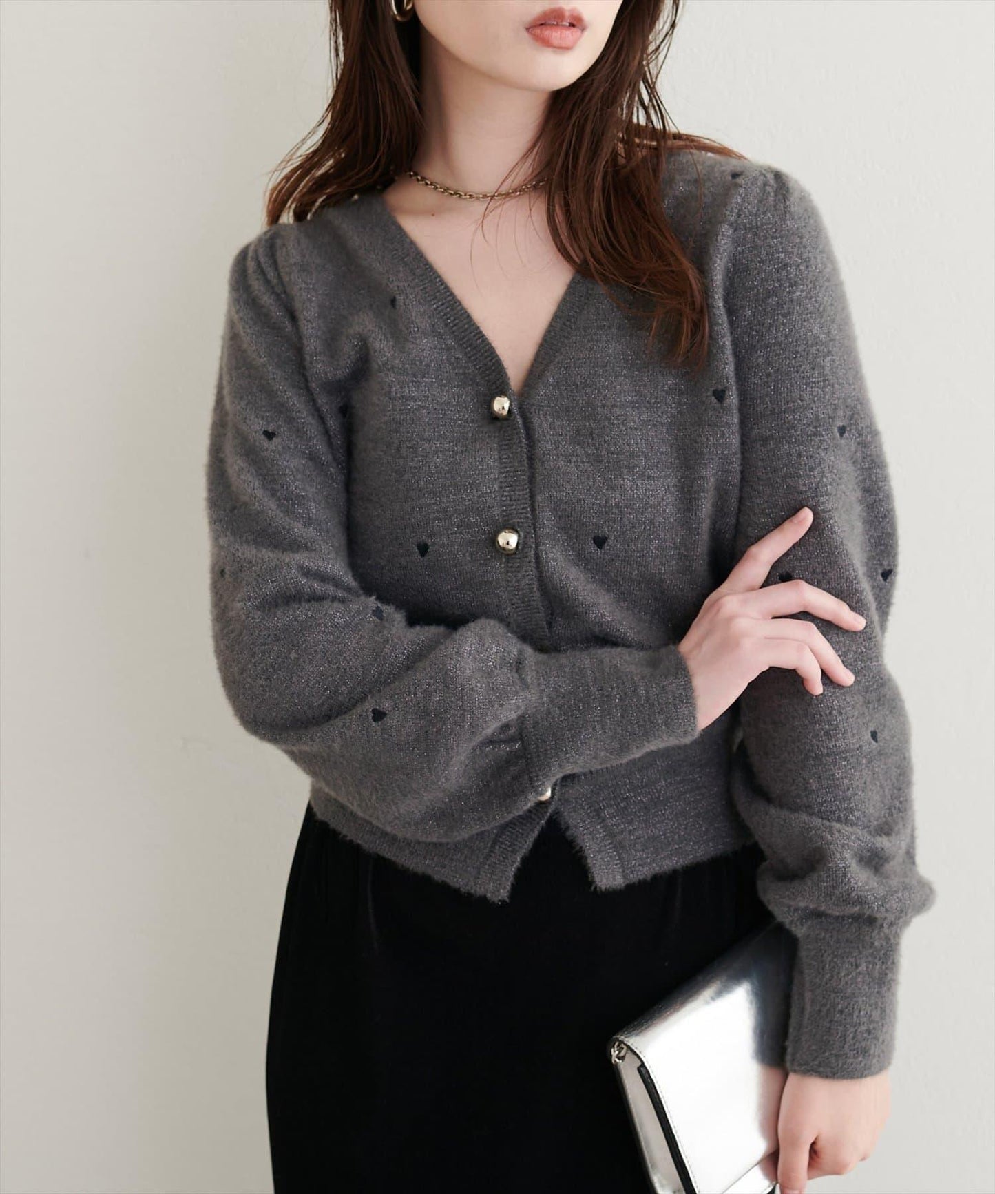 〈mizu〉ミニシャギーハート刺繍ニットカーディガン