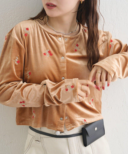 【ベロア素材/刺繍がポイント】フラワーベロアカーディガン