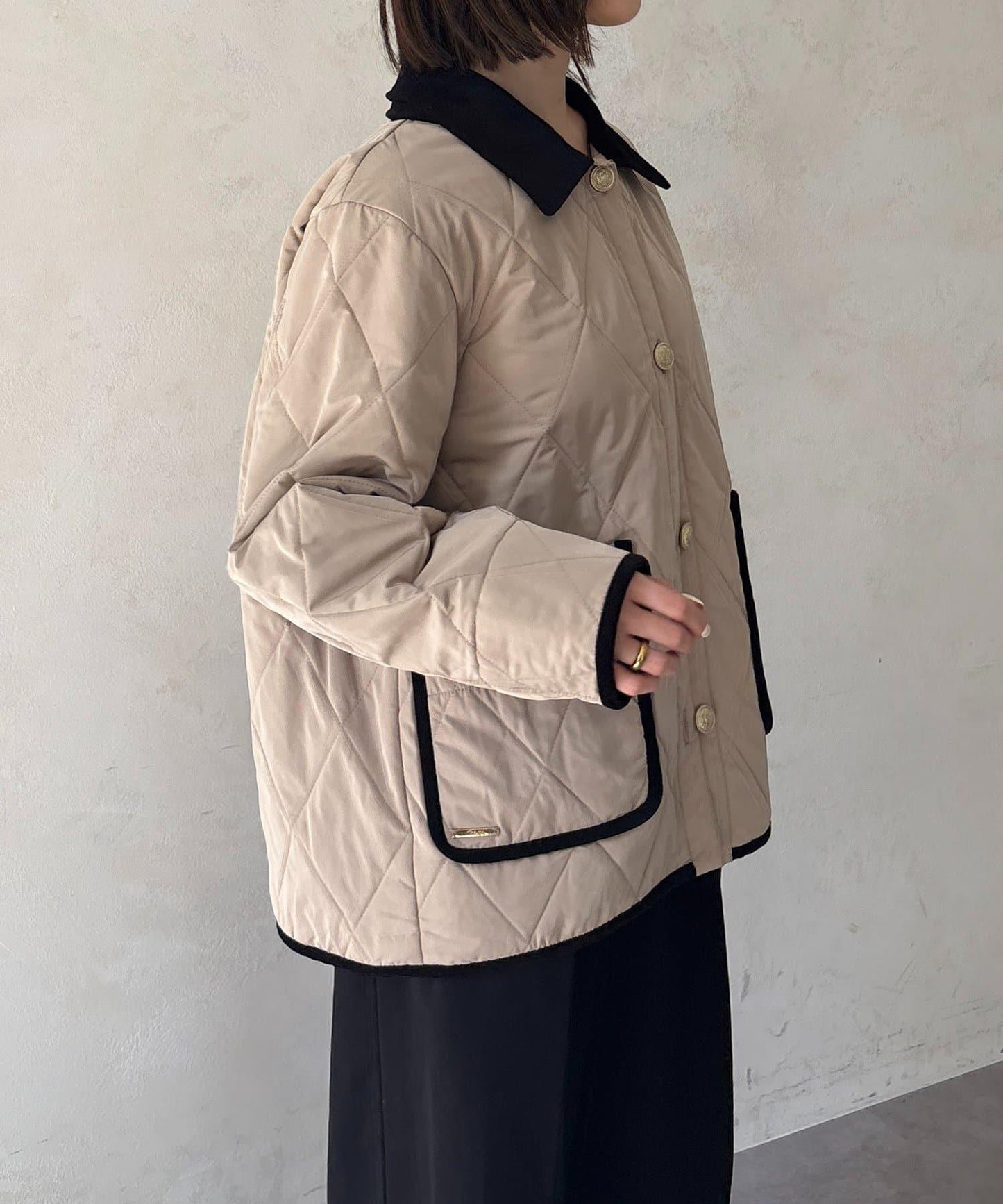 天鵝絨拼接絎縫立領夾克