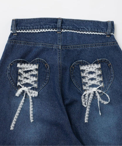 ハートレースアップワイドデニムパンツ