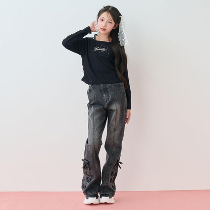 裾レースアップ美腳喇叭牛仔褲