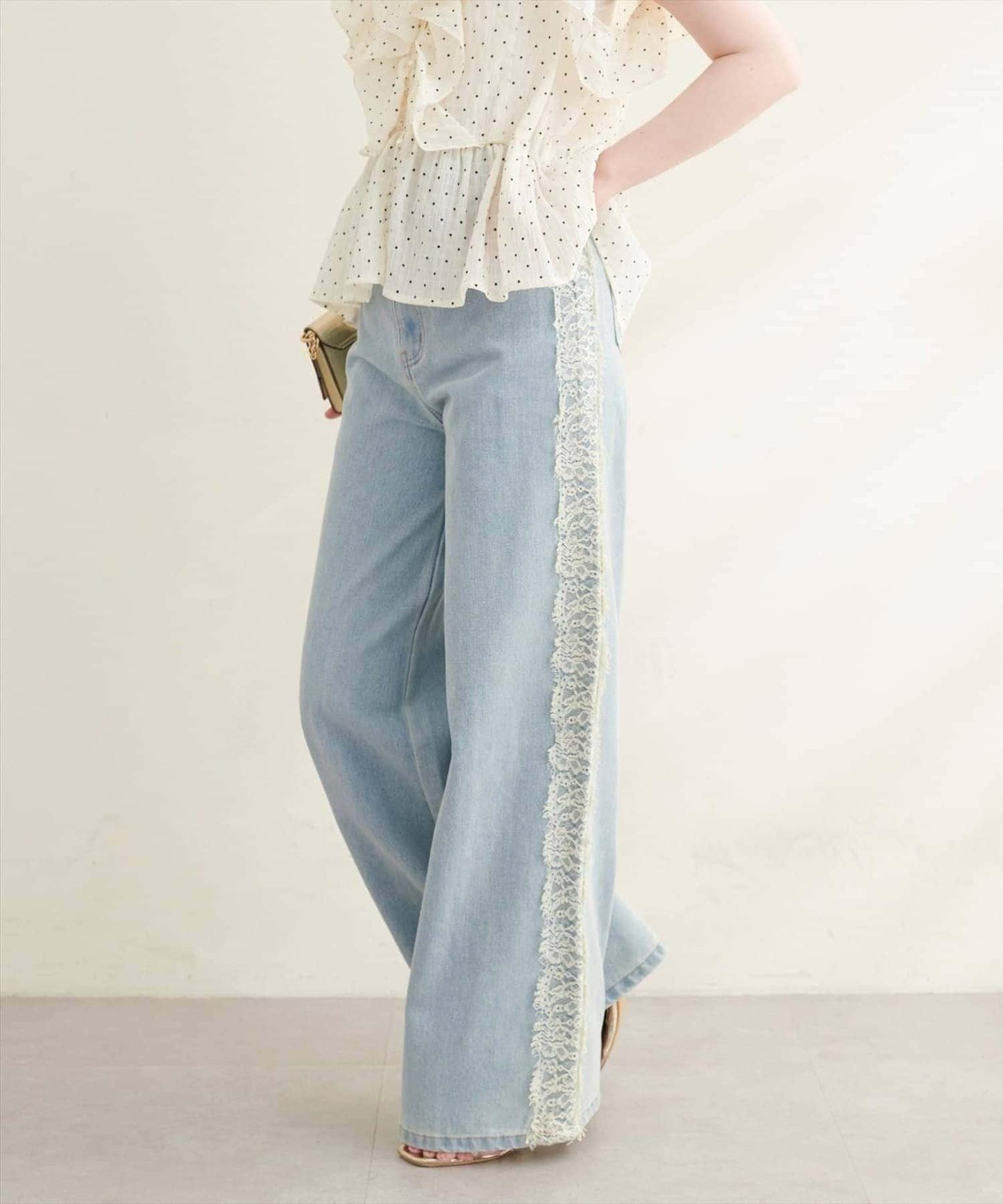【natural couture】 側邊蕾絲牛仔闊腿褲