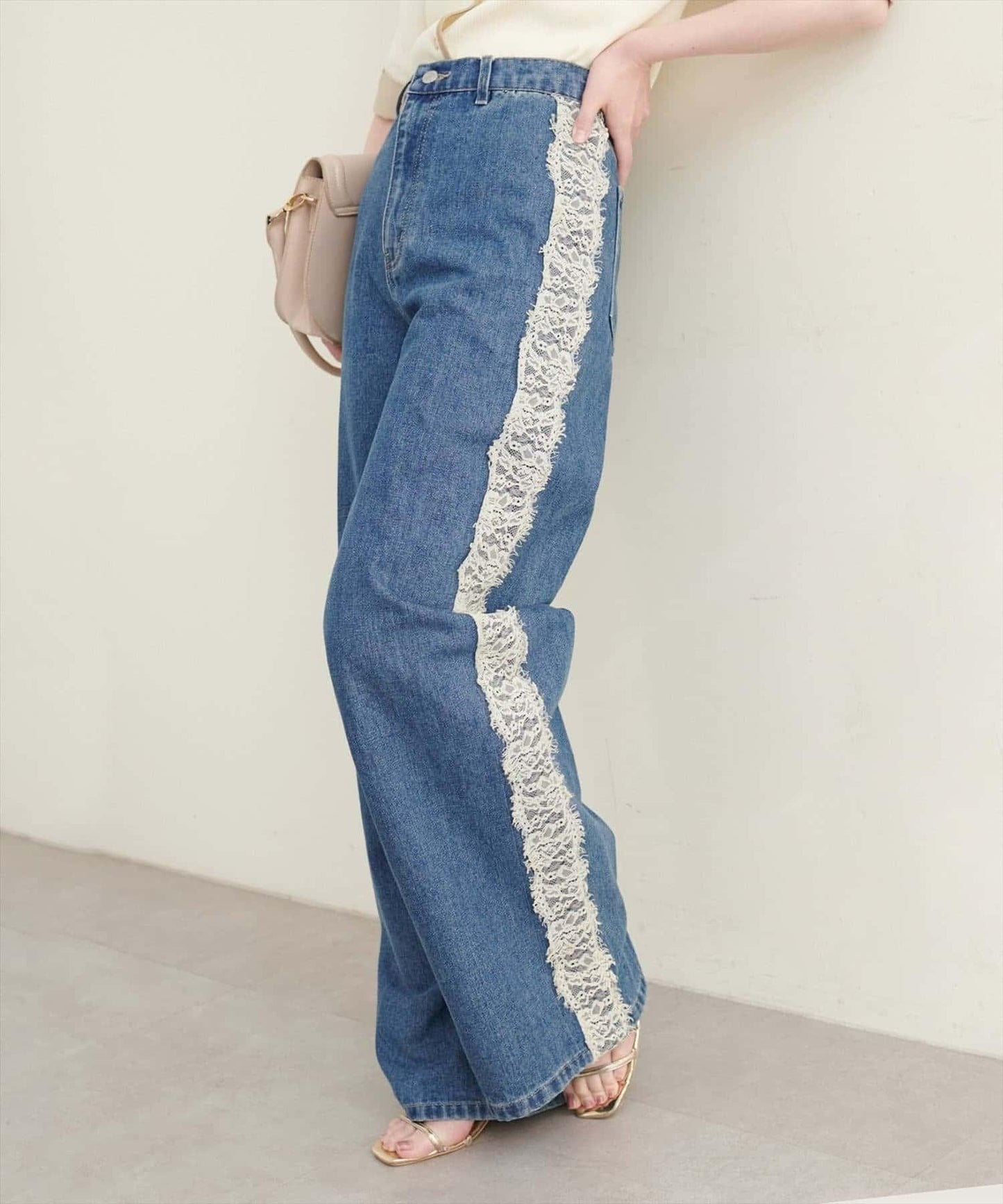 【natural couture】 側邊蕾絲牛仔闊腿褲