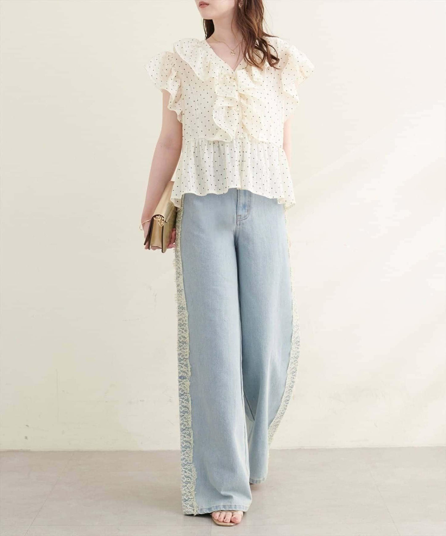 【natural couture】 側邊蕾絲牛仔闊腿褲