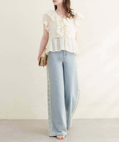 【natural couture】 側邊蕾絲牛仔闊腿褲