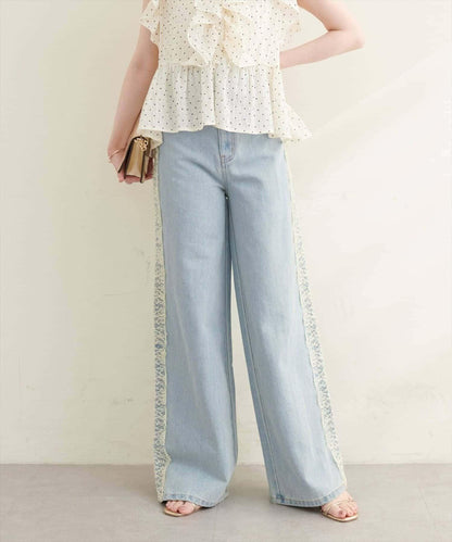 【natural couture】 側邊蕾絲牛仔闊腿褲
