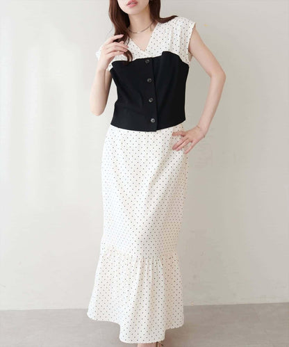 natural couture 異材質拼接上衣×褶皺半身裙套裝