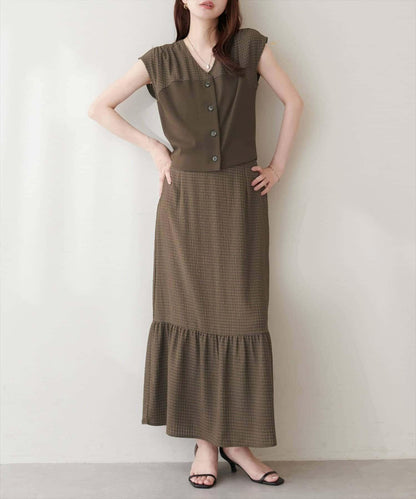natural couture 異材質拼接上衣×褶皺半身裙套裝