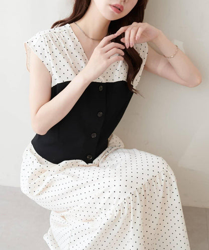 natural couture 異材質拼接上衣×褶皺半身裙套裝