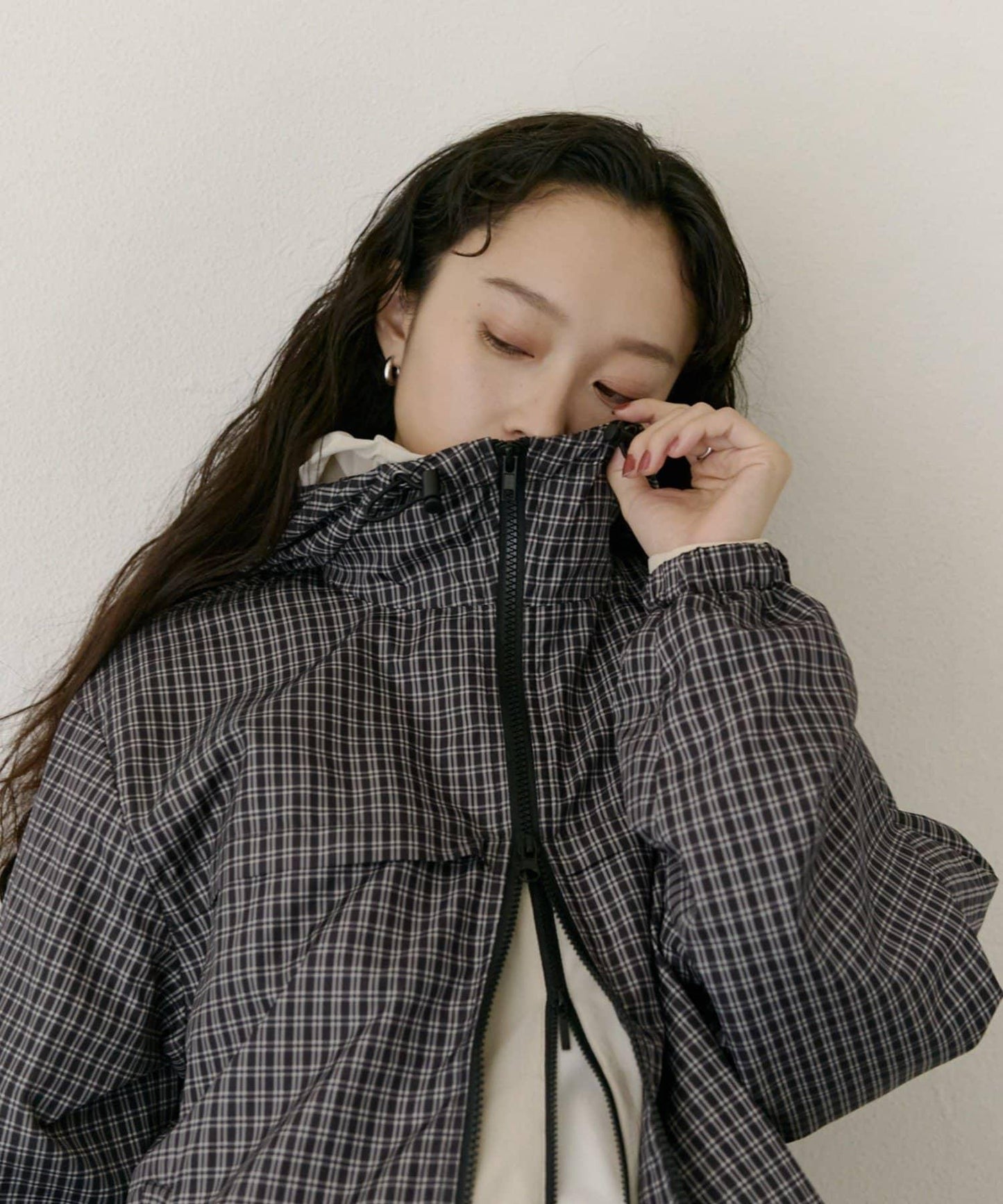 防水格紋全拉鍊連帽防風衣