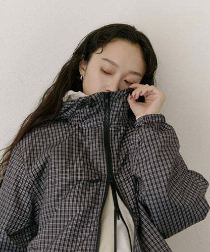 防水格紋全拉鍊連帽防風衣