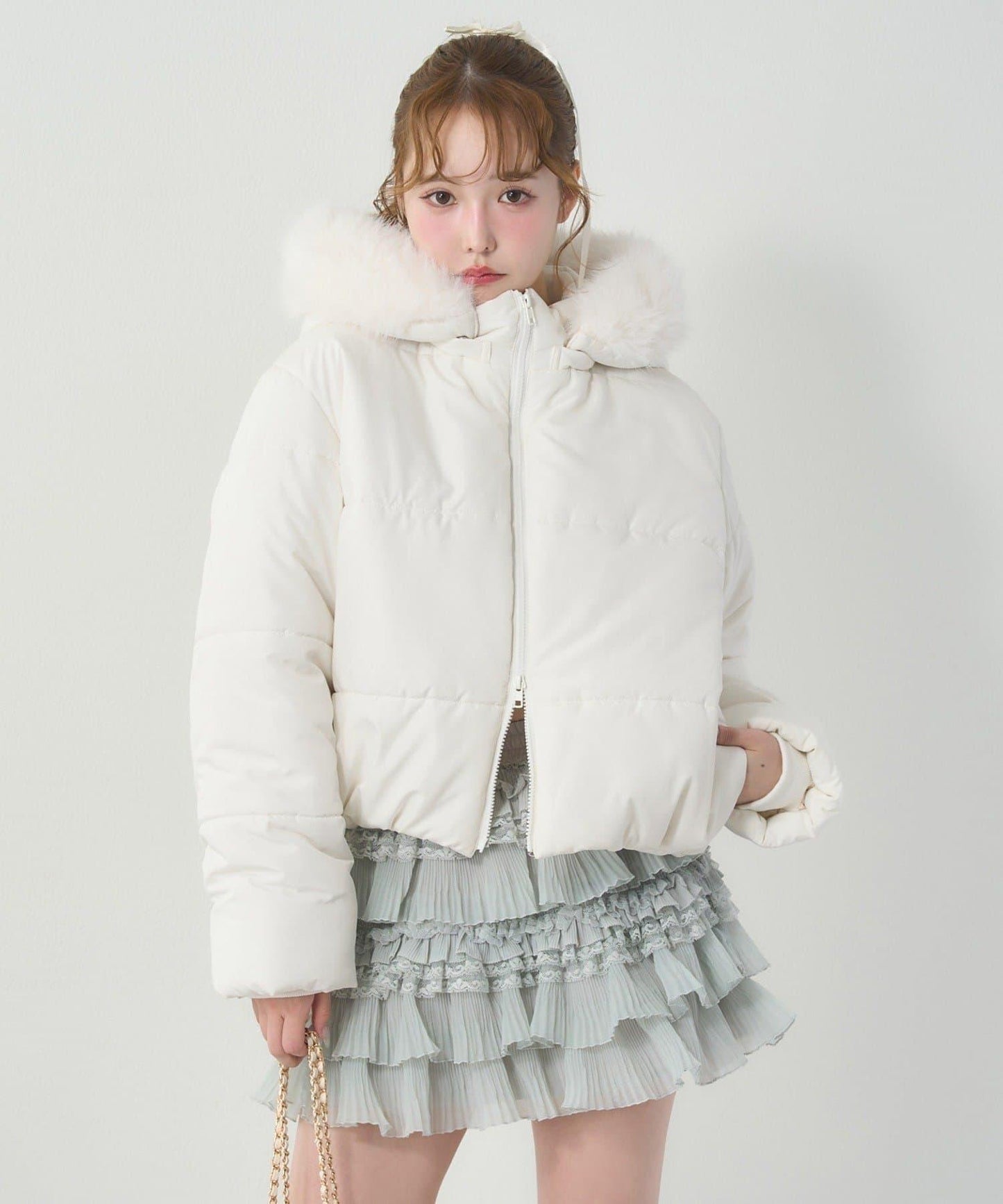 NICE CLAUP 2026冬季款 短款人造毛領人造羽絨服 女