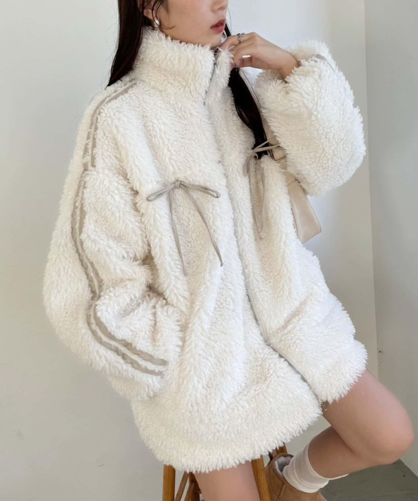 NICE CLAUP 拼色蝴蝶結絎縫寬鬆絎縫外套 女 夾克