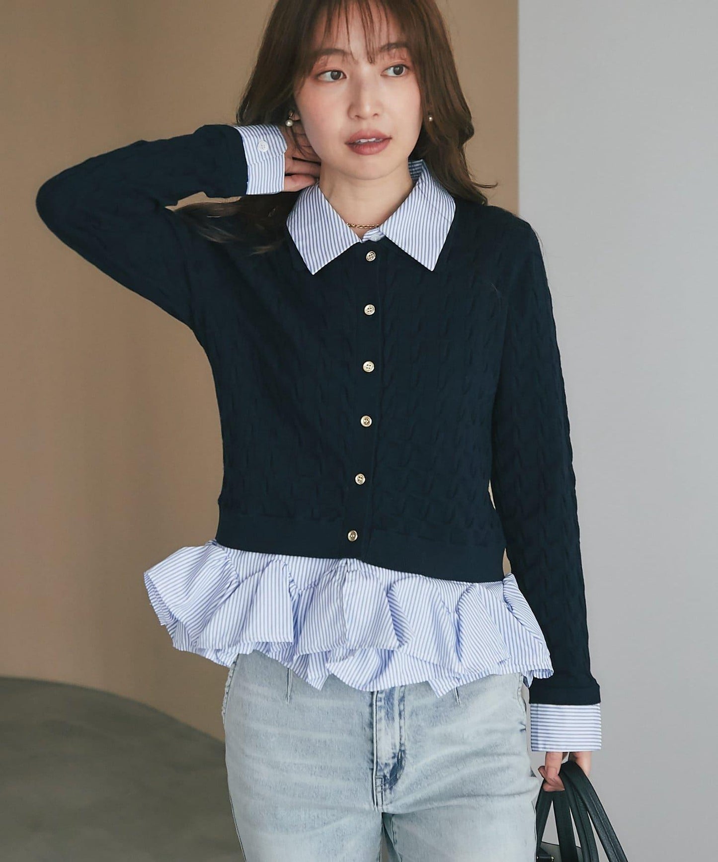 La boutique BonBon 絞花針織襯衫拼接連衣裙
