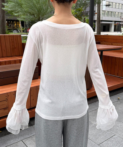Thevon. 2026AW 荷葉邊下襬 亨利領 透膚感 針織衫 女