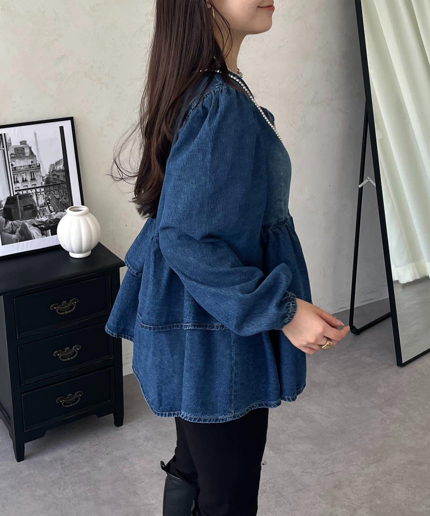 雙層荷葉邊牛仔襯衫