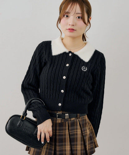 NICE CLAUP 翻領毛絨針織開衫 女士 短款 絞花針織 拼色 刺繡 紐扣 連衣裙