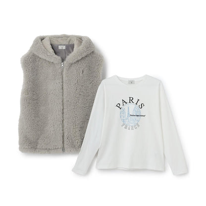 【AMI】フェイクファーベスト×長袖Tシャツセット