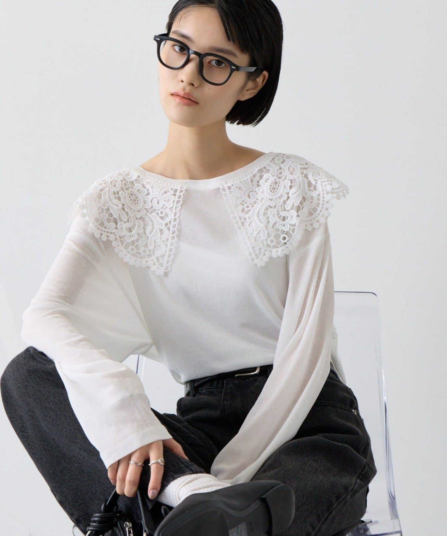 CIAOPANIC TYPY 蕾絲拼接透膚T恤 女 滌綸