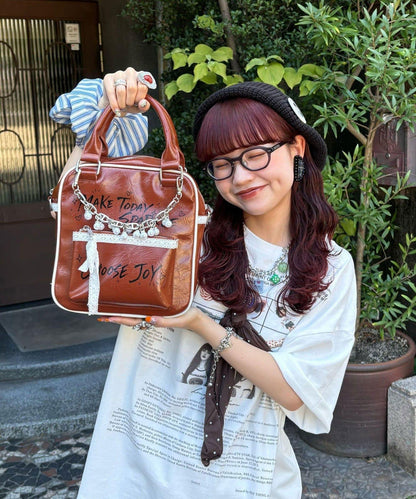 まるお企畫 2WAY迷你波士頓包 手寫Logo 蕾絲珍珠鏈 單肩包