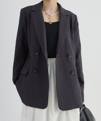 Lui's FEMME 26AW 條紋雙排扣西裝外套 聚酯纖維混紡 寬鬆廓形 テーラードジャケット