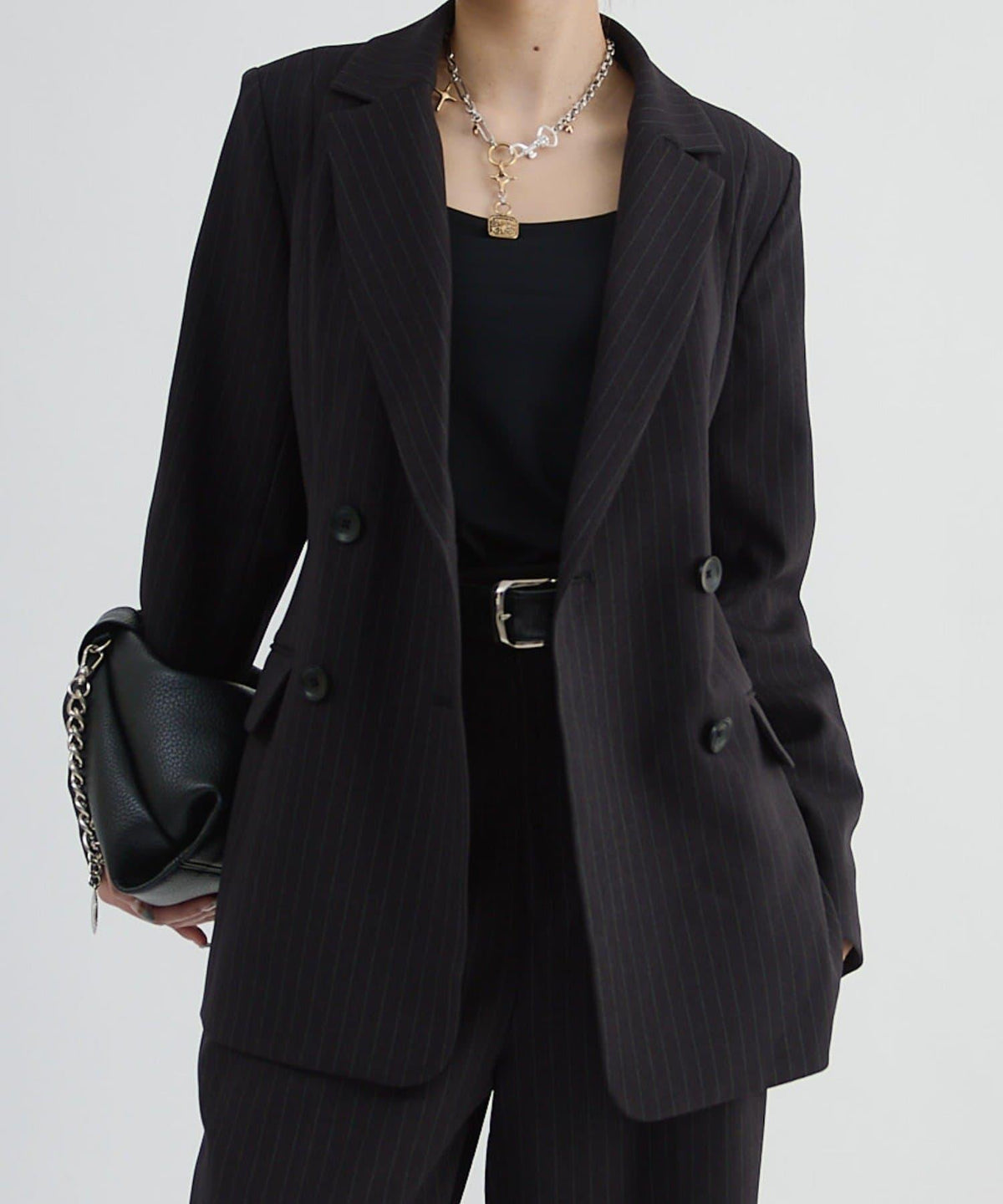 Lui's FEMME 26AW 條紋雙排扣西裝外套 聚酯纖維混紡 寬鬆廓形 テーラードジャケット