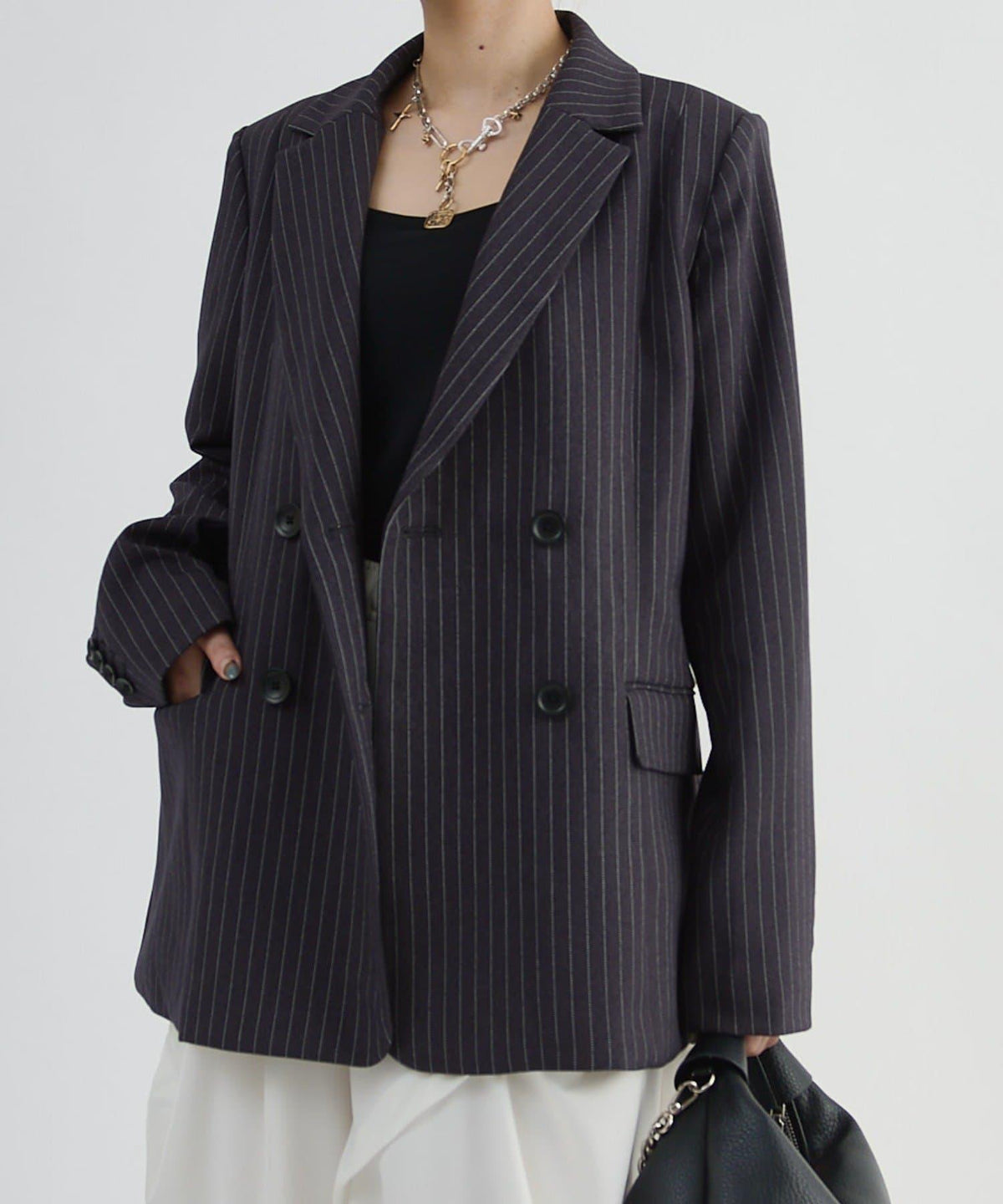 Lui's FEMME 26AW 條紋雙排扣西裝外套 聚酯纖維混紡 寬鬆廓形 テーラードジャケット