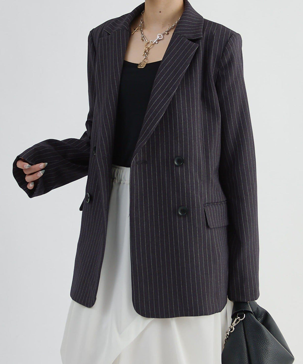 Lui's FEMME 26AW 條紋雙排扣西裝外套 聚酯纖維混紡 寬鬆廓形 テーラードジャケット