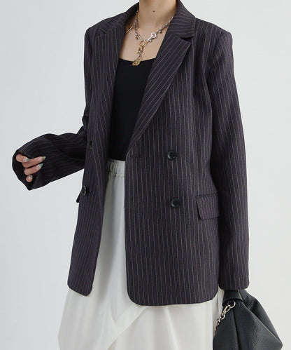 Lui's FEMME 26AW 條紋雙排扣西裝外套 聚酯纖維混紡 寬鬆廓形 テーラードジャケット