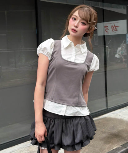 레이 카신 拼色泡泡袖襯衫式背心疊穿女