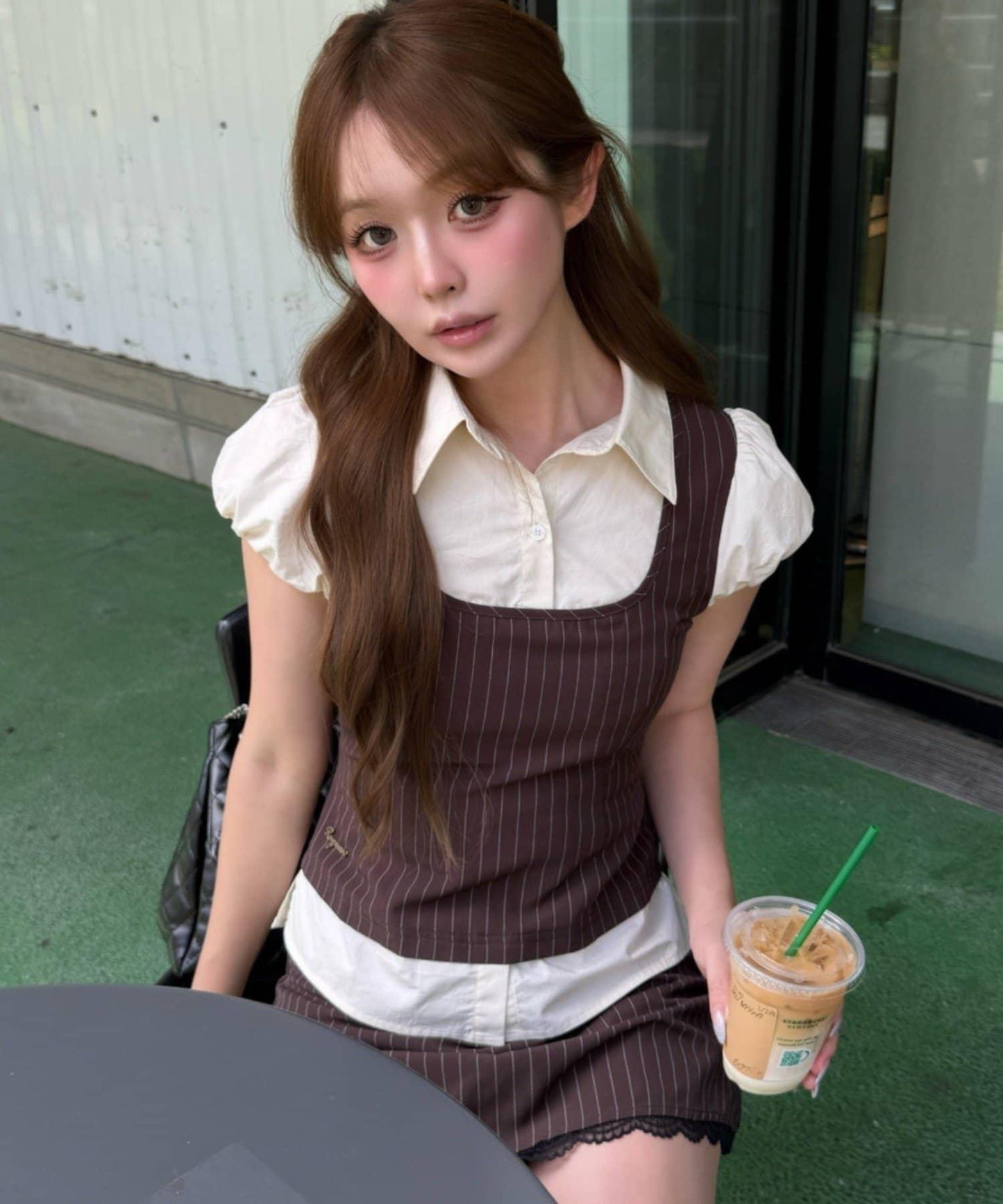 레이 카신 拼色泡泡袖襯衫式背心疊穿女