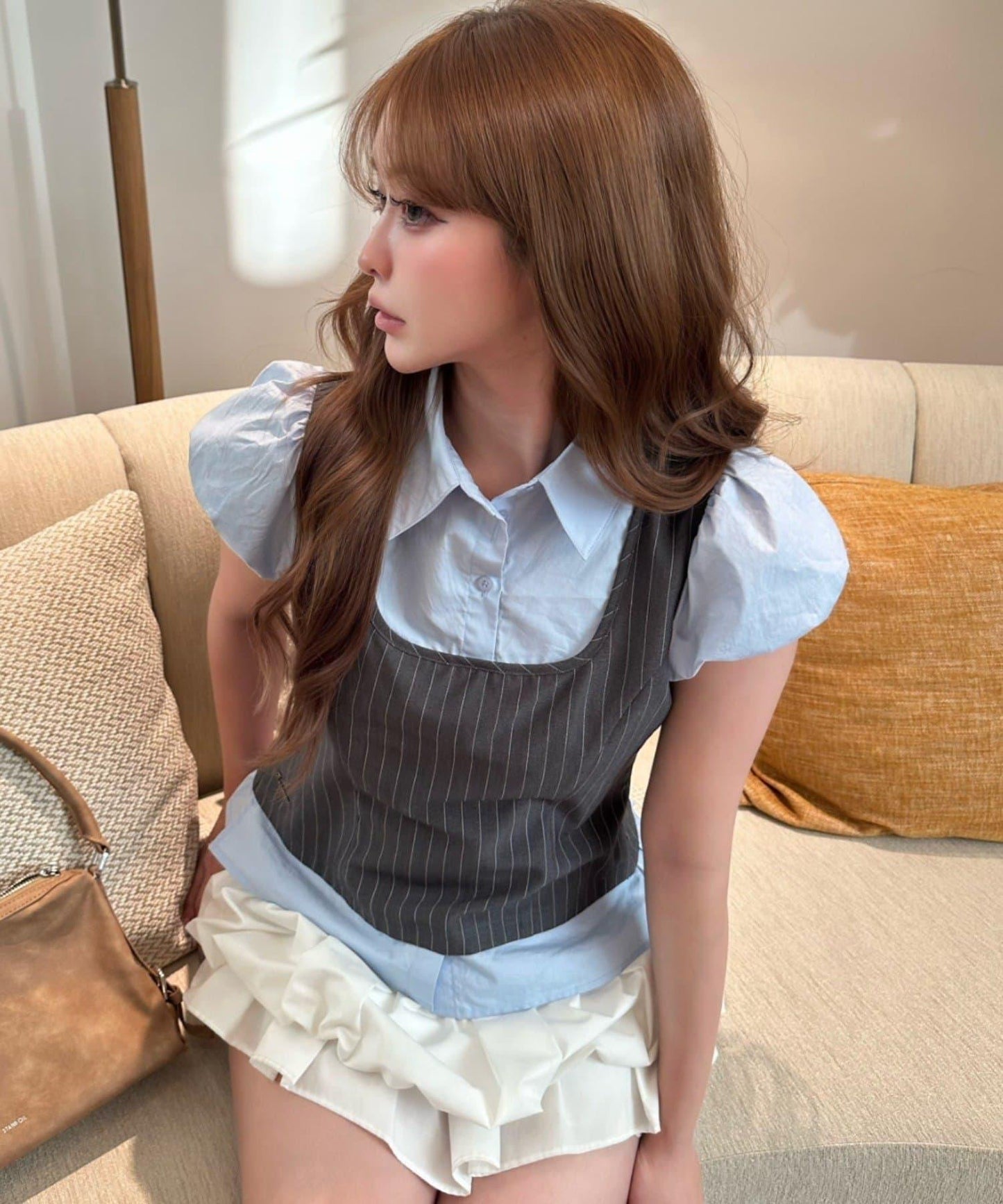 레이 카신 拼色泡泡袖襯衫式背心疊穿女