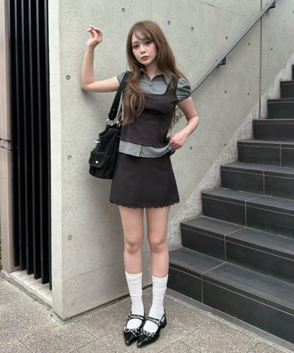 레이 카신 拼色泡泡袖襯衫式背心疊穿女