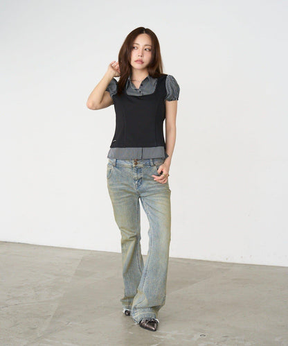 레이 카신 拼色泡泡袖襯衫式背心疊穿女