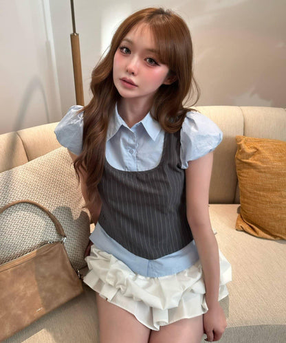 레이 카신 拼色泡泡袖襯衫式背心疊穿女