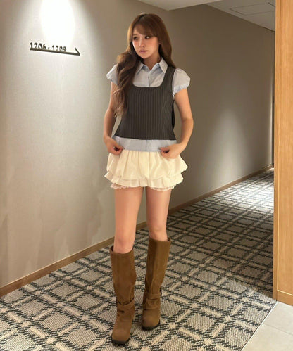레이 카신 拼色泡泡袖襯衫式背心疊穿女