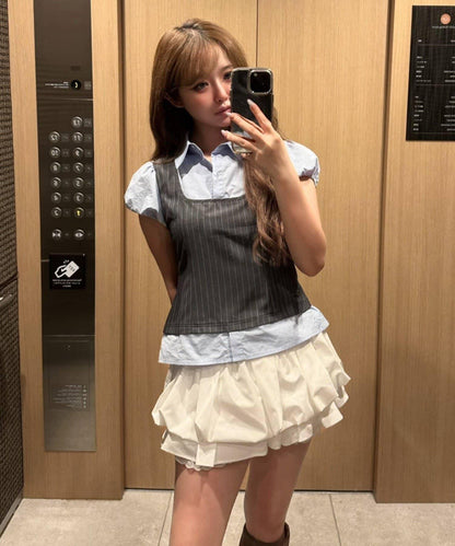 레이 카신 拼色泡泡袖襯衫式背心疊穿女