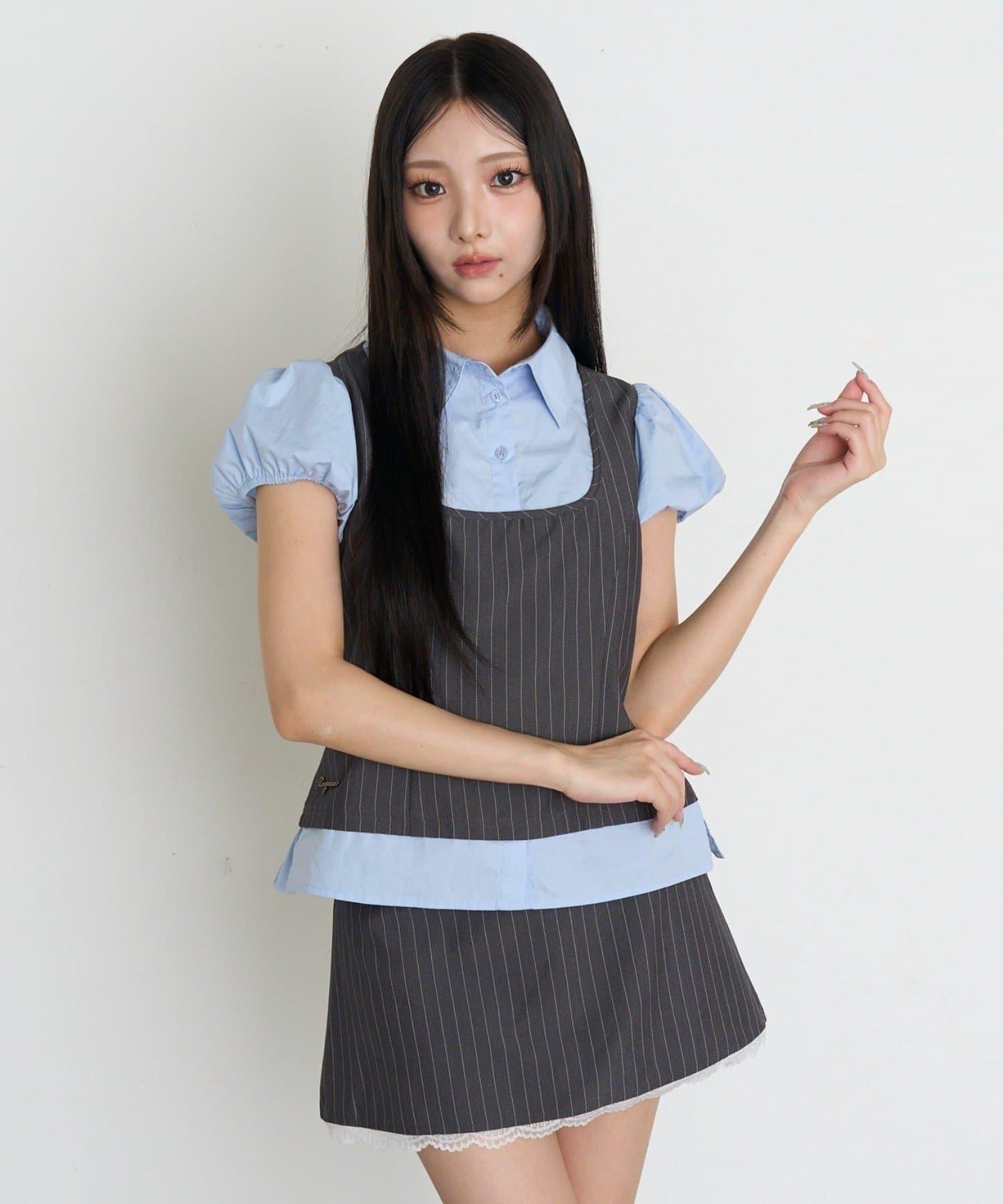 레이 카신 拼色泡泡袖襯衫式背心疊穿女