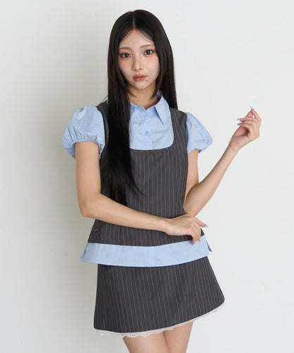 레이 카신 拼色泡泡袖襯衫式背心疊穿女