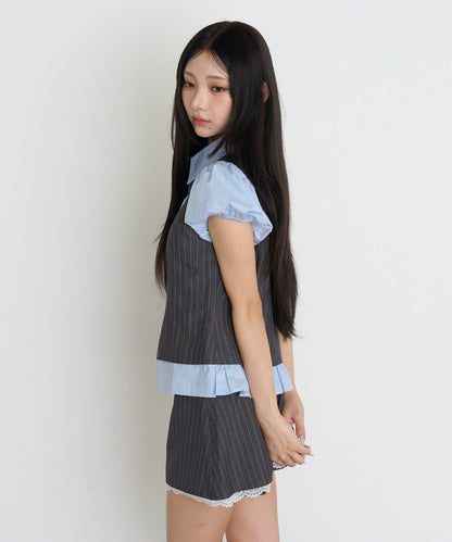 레이 카신 拼色泡泡袖襯衫式背心疊穿女
