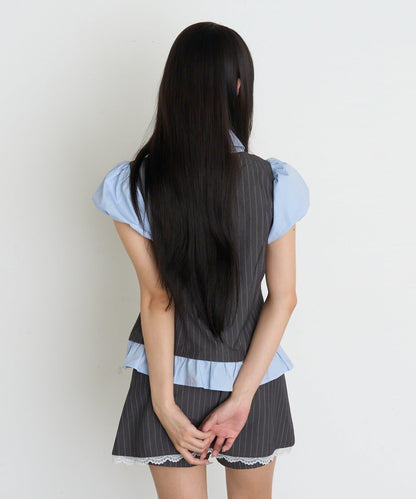 레이 카신 拼色泡泡袖襯衫式背心疊穿女