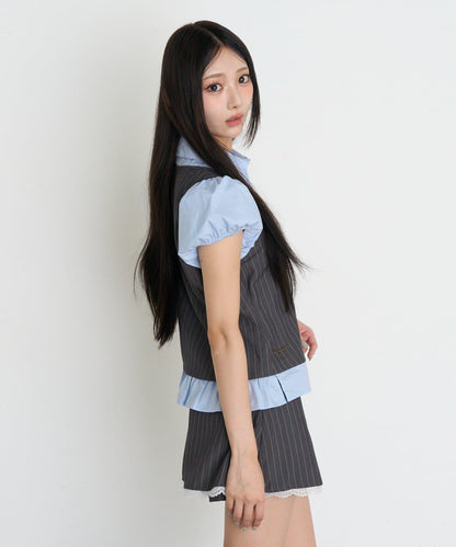 레이 카신 拼色泡泡袖襯衫式背心疊穿女