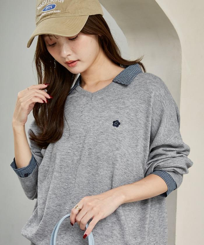 別注 チェック シャツ レイヤード風 スキッパー ロングスリーブ ニット　限定展開